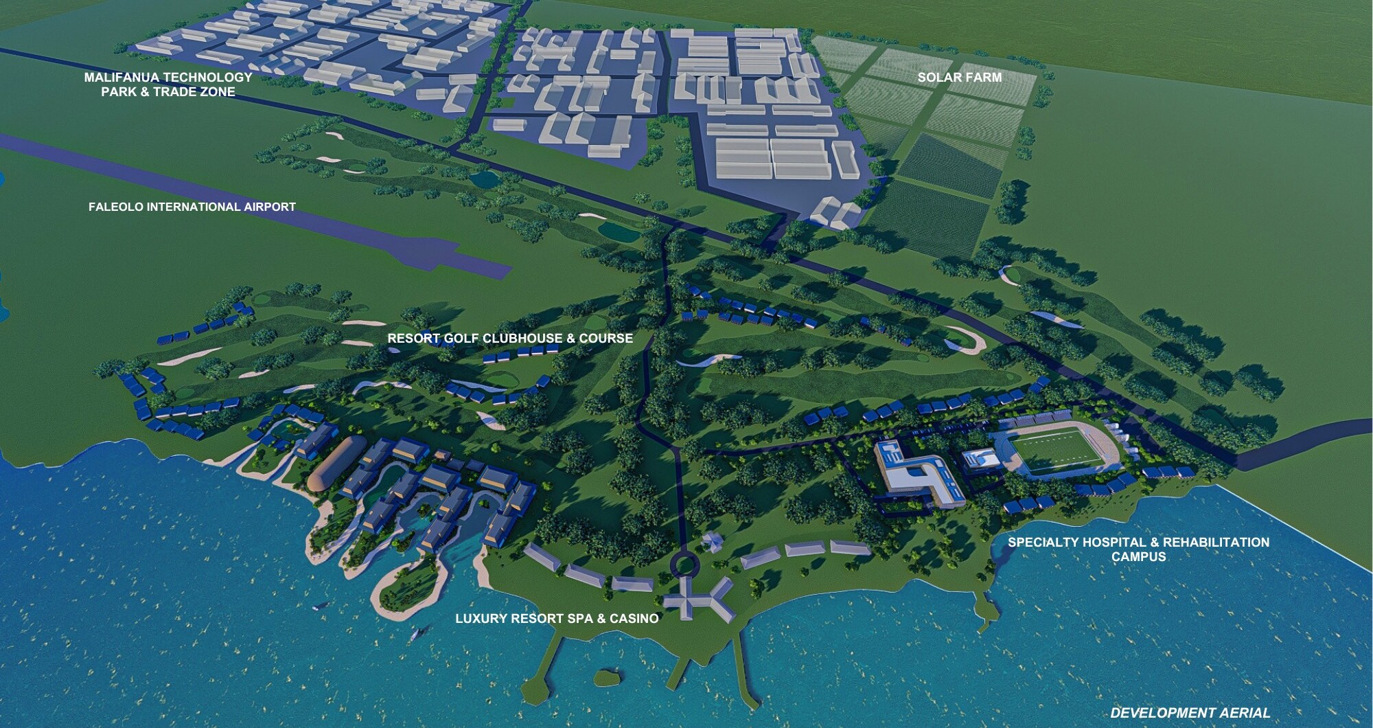 Full development aerial: luxury resort and spa, golf course, specialty hospital, solar farm and technology park