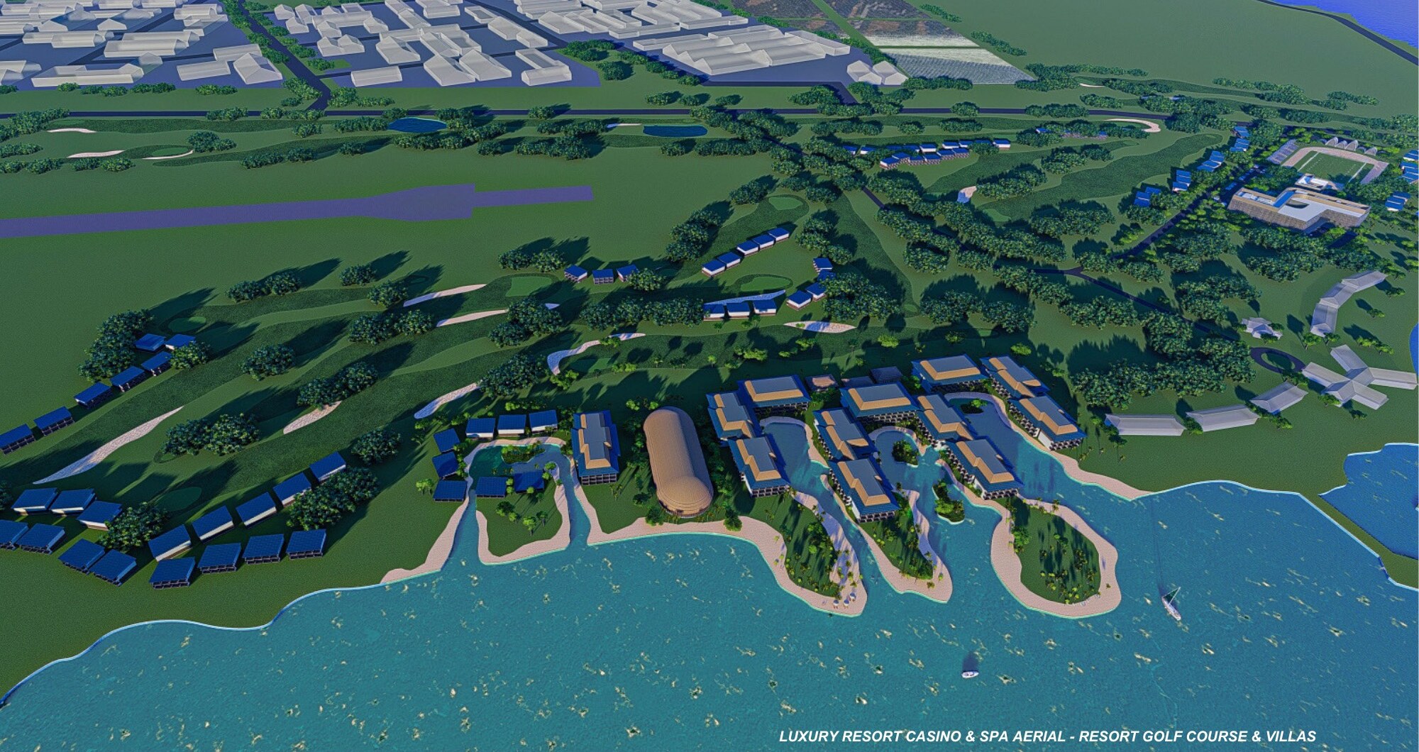 Luxury resort, casino and spa aerial with golf course and villas